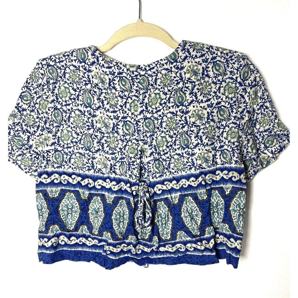 Vintage Ms Choice Floral Cropped Shoulder Pad Button Down 90s Rayon Shirt USA 8 Blue - Image 2