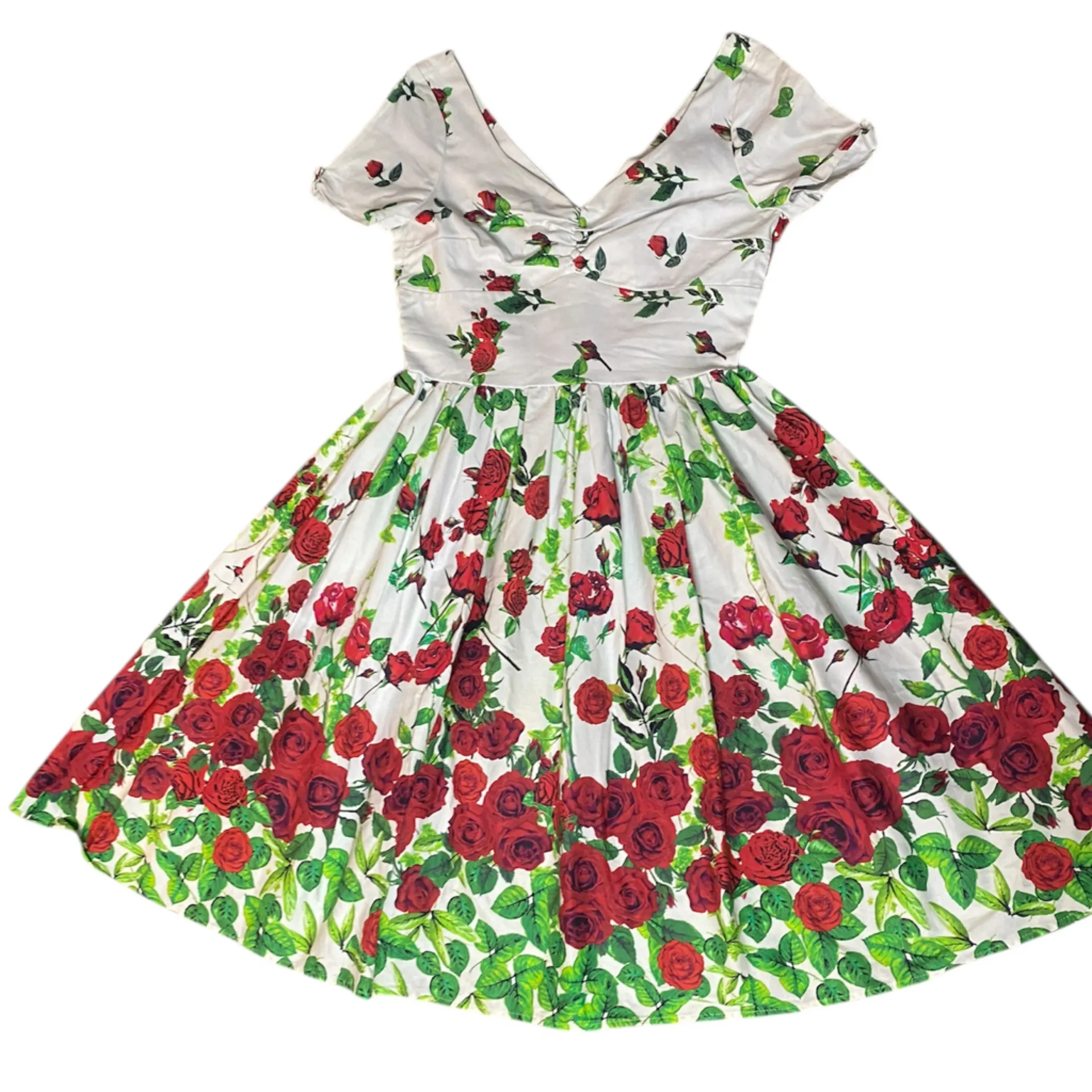 Unique Vintage Red Rose Floral Print Retro Pin Up Swing Dress Size M - Image 4