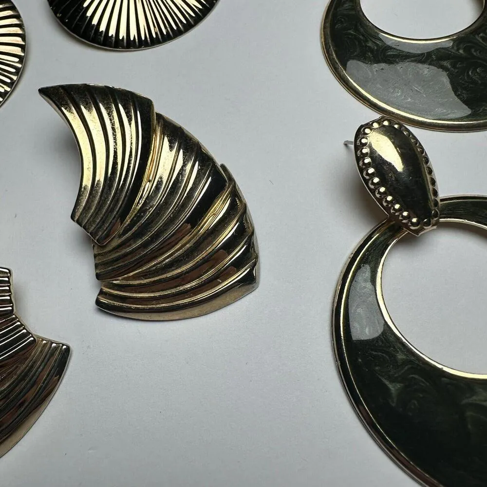 Retro Large Statement Gold Tone Pierced Earrings Women’s Lot Of 4 - Image 3