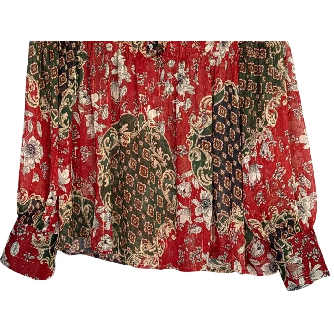 Zara Floral Sheer Long Sleeve Flowy Boho Blouse Smocked Ruffle Neck XL Red Green - Image 3