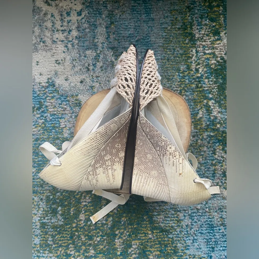 Diana Broussard snakeskin wedge woven ankle tie peep toe wedges, size 6.5M - Image 2