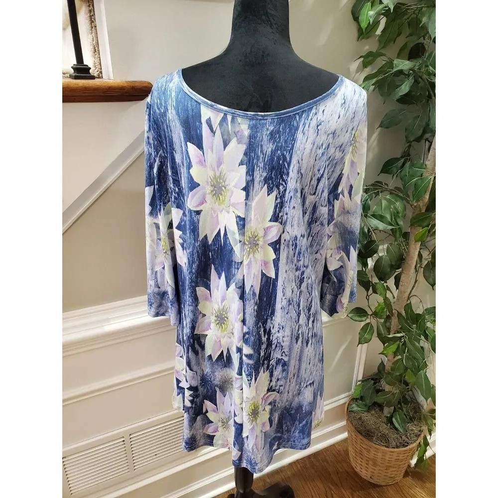 Azalea Women Blue Floral Polyester Round Neck Long Sleeve Top Blouse Size Large - Image 7