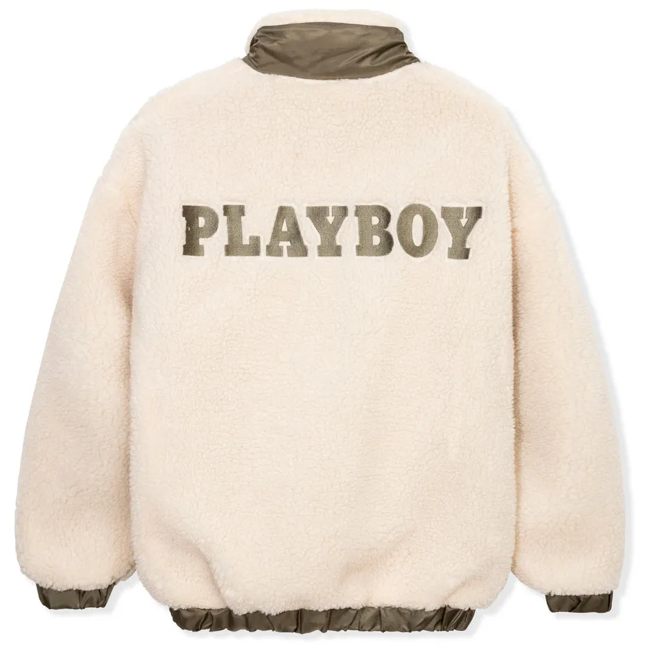 Playboy x Missguided Jacket Bomber Fleece Bunny Logo Ivory Olive Women’s Size 4 - Image 2