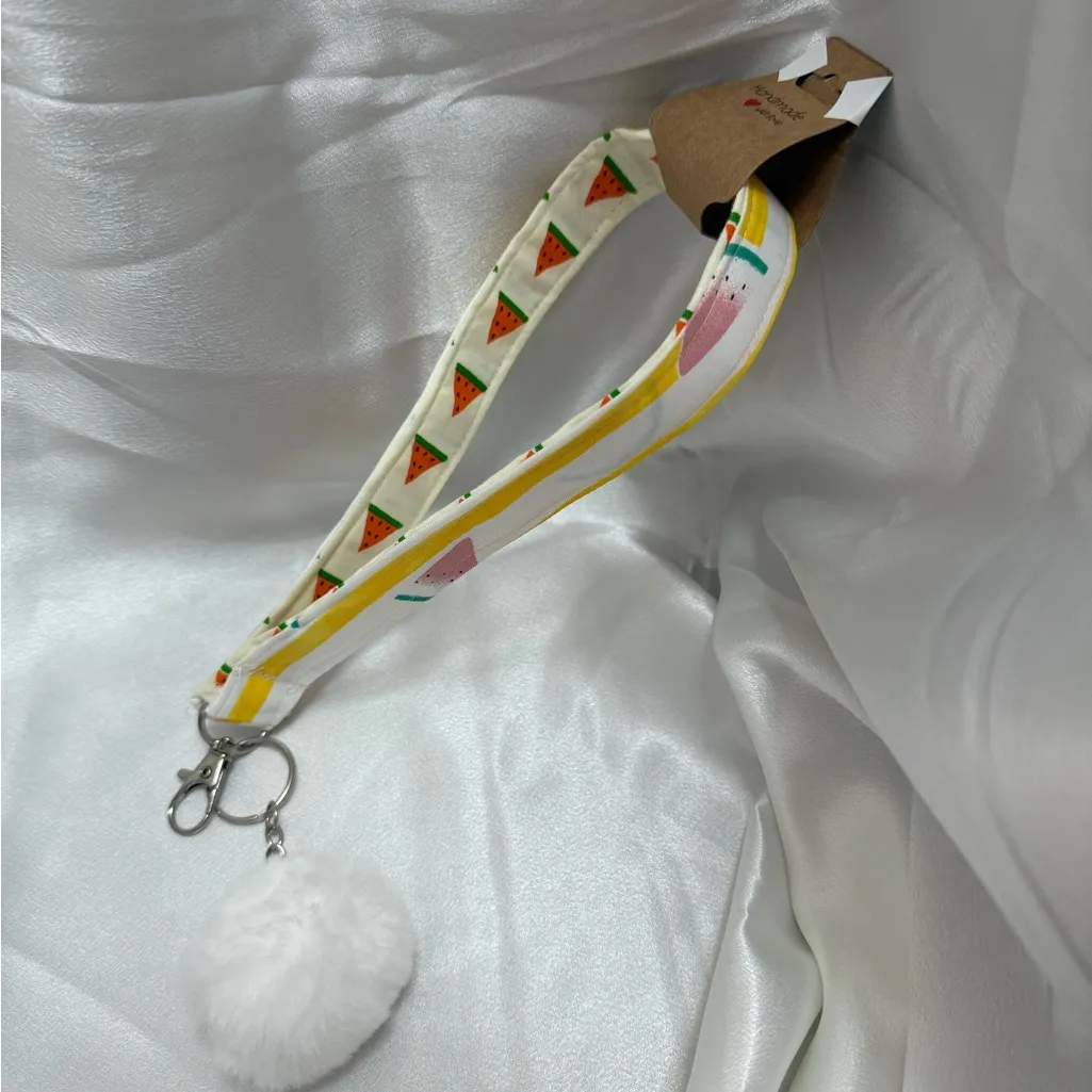 Handmade Watermelon Slice Print Wristlet Keychain with White Pompom - Image 6