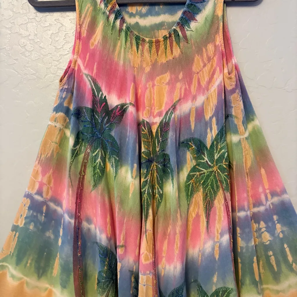 Women's tie dye embroidered palm tree sleeveless dress rayon free one size Yellow Size undefined - Image 5