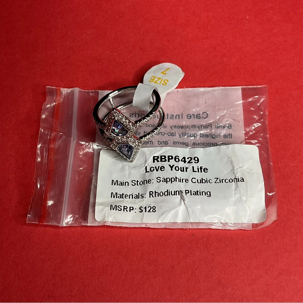 Bomb Party RBP6429 “Love Your Life” Sapphire CZ on Rhodium Size 7 Ring NWT Blue - Image 4