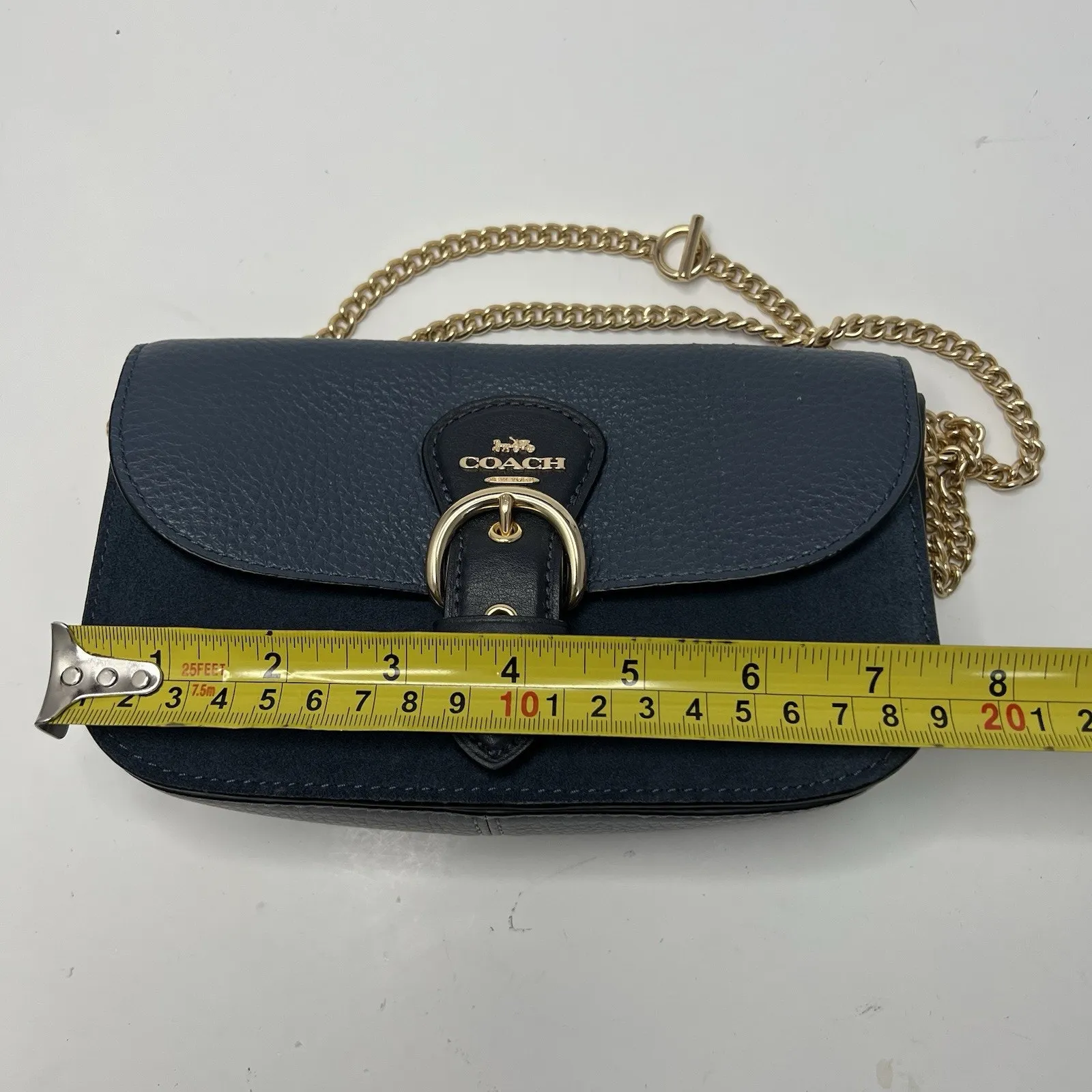 Coach Kleo Crossbody Navy Blue Suede Denim Leather Chain Gold Strap Mini Purse - Image 14