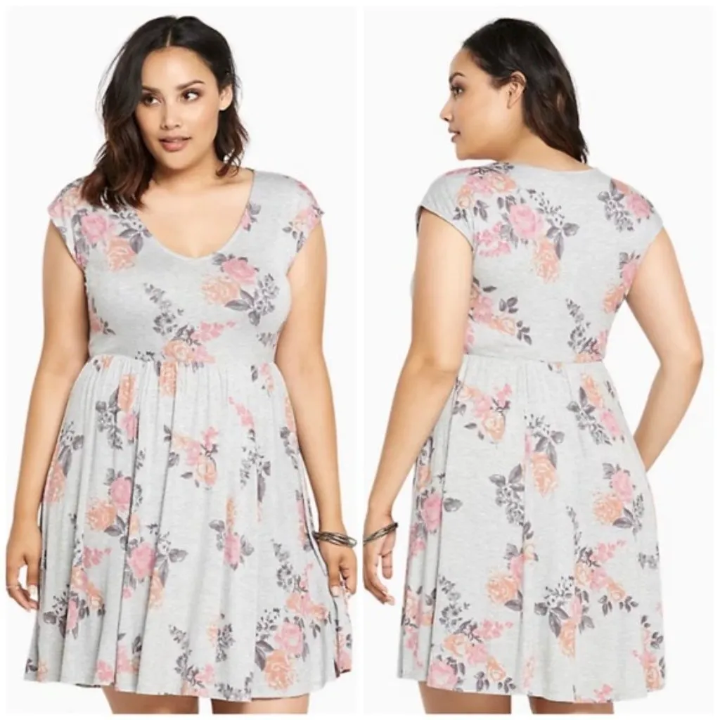 Torrid Gray & Pink Floral Print Casual Sleeveless Jersey Skater Dress - Image 2