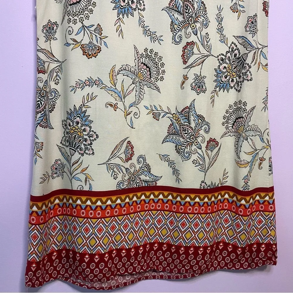 Beach Lunch Lounge Shirt Dress Red Tan Boho Paisley Ruffle Sleeve Rayon Medium - Image 3