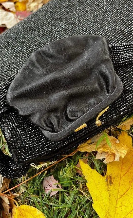 Vintage Black Beaded Hand Bag, 1950s Black Beaded Purse - Image 6