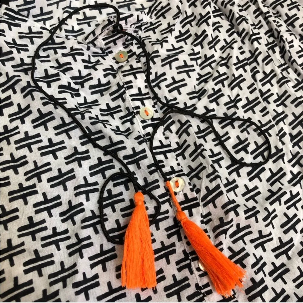 Clementina Racerback Mini Dress Pool Cover Up Geometric AOP Black White Tassels - Image 5