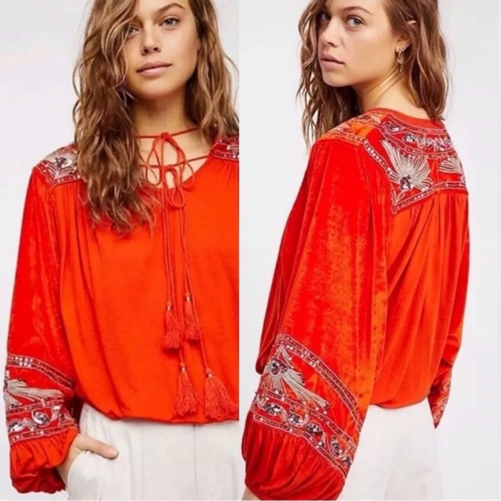 Free People Hearts Aflame Boho Blouse Red Orange Sequin Velvet Embroidered Sz M - Image 2