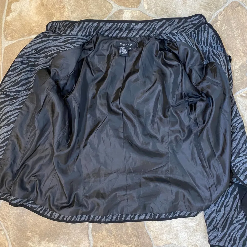 Sandro Animal Print Jacket Zebra Belted Collared, Black & Gray, Size Medium - Image 8