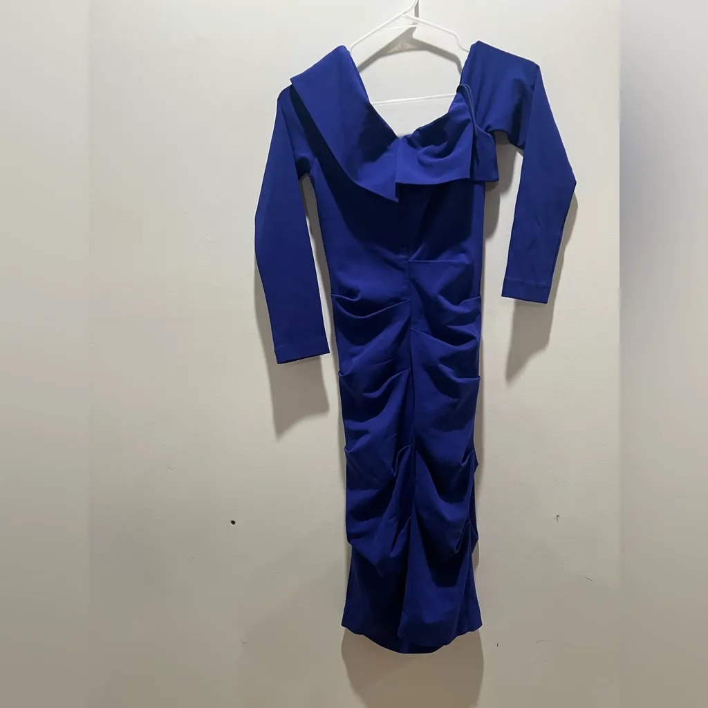 Nicole Miller Collection Cobalt Blue Ruched Midi Dress Size 4 Long Sleeve - Image 3
