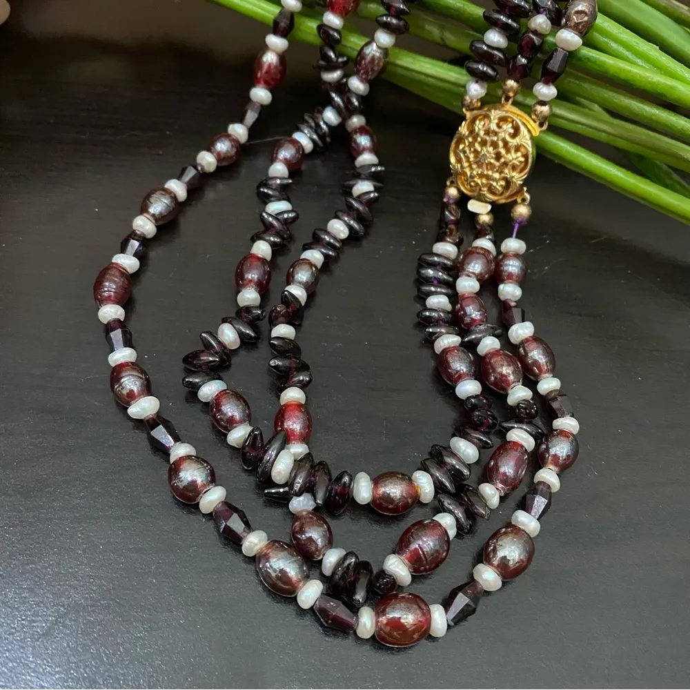 Triple Strand Garnet Crystal Pearl Lampwork Glass Beads Multi - Image 6