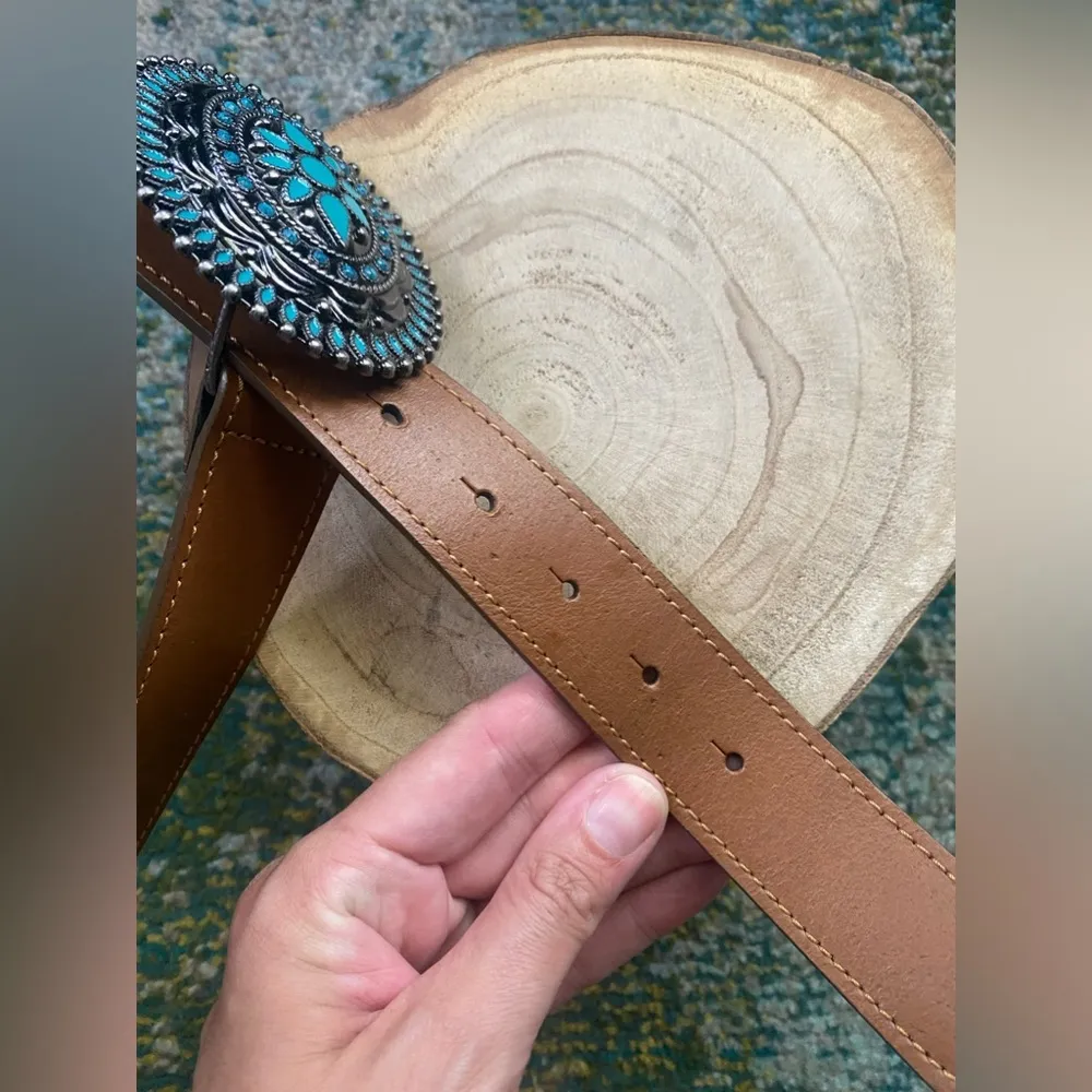 90s/Y2K western turquoise beaded buckle leather belt, size XL Brown - Image 7