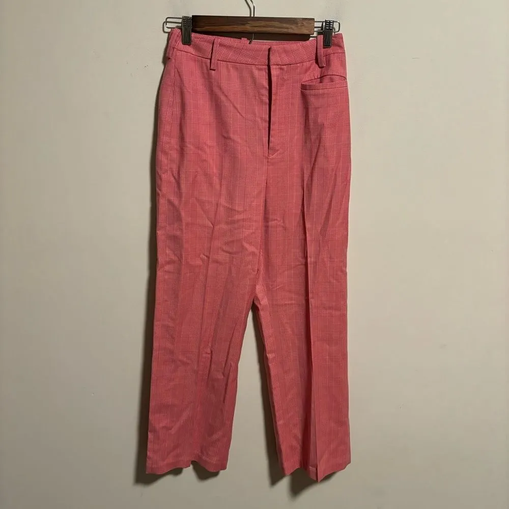 & OTHER STORIES Belted Plaid Kick Flare Trousers Pink Wool Blend- Size 6 - Image 5