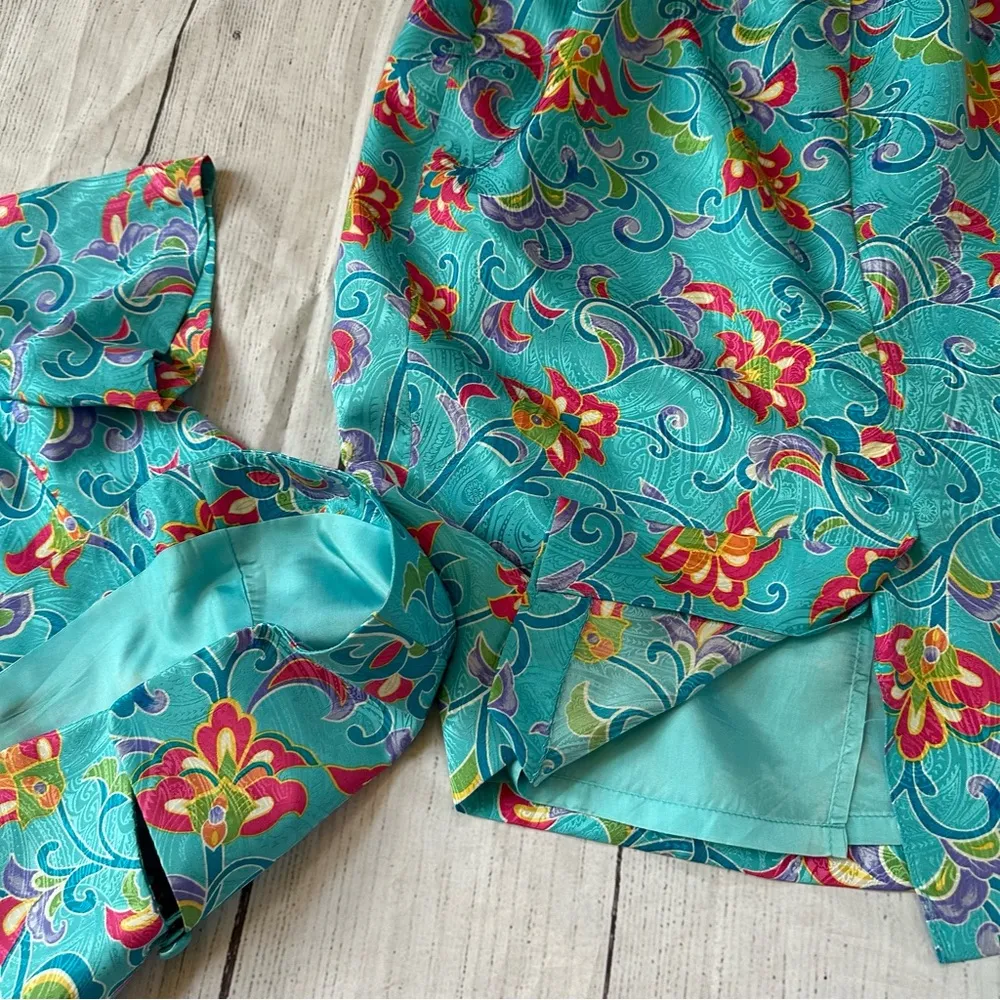 Vintage Adrianna Papell Bright Floral 100% Silk Top & Skirt Suit Set Size 12 - Image 11