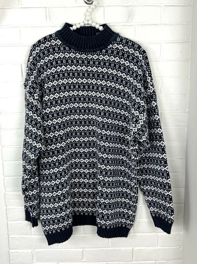 Vintage LizWear Cotton Navy White Patterned Knit Sweater Size L Blue Size L - Image 1