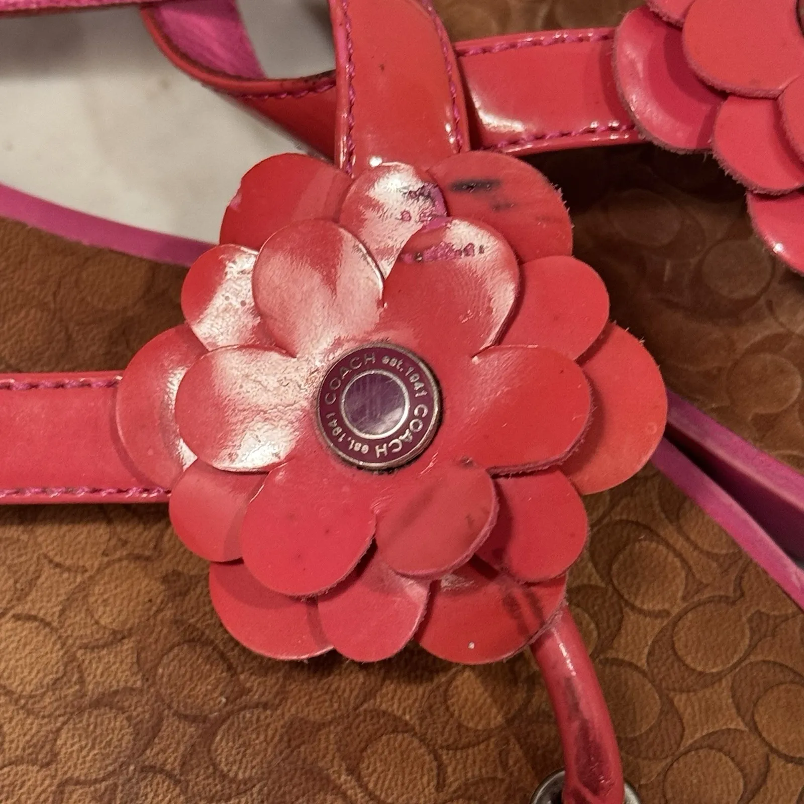 Y2K Vintage COACH Lindy Pink Patent Leather Daisy Vachetta‎ Sandals Women's 7.5 - Image 2