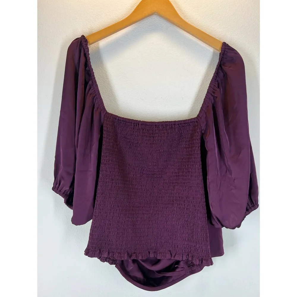 Wildfang NWT 3X Eggplant Satin Blouse Cropped Wrap Top Balloon Sleeve Retail $55 - Image 4