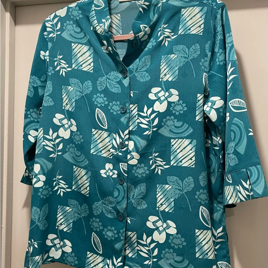 VTG 90s Drapers & Damons Petites Teal Blue Mid-Sleeve Button-Down Collared Shirt - Image 6