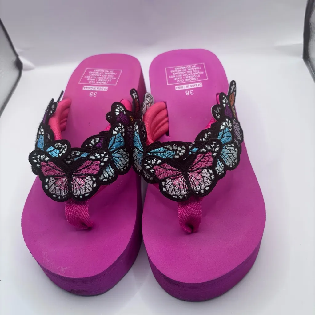 Womens Flip Flops Thong Butterfly Decor Wedge Heel Slippers Shoes Summer Sandals Pink Size 7 - Image 2