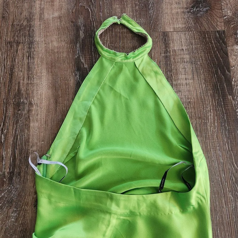 Retrofete Maria Dress in Lime Punch Green Rhinestone Neckline Open Back Small - Image 8