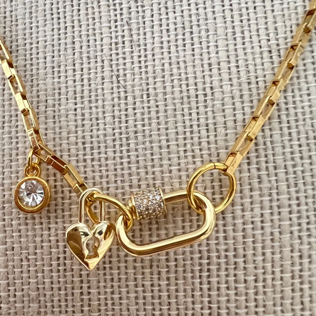 18K Gold Plated Locked Heart Carabiner Necklace Titanium Steal Womens Jewelry - Image 2