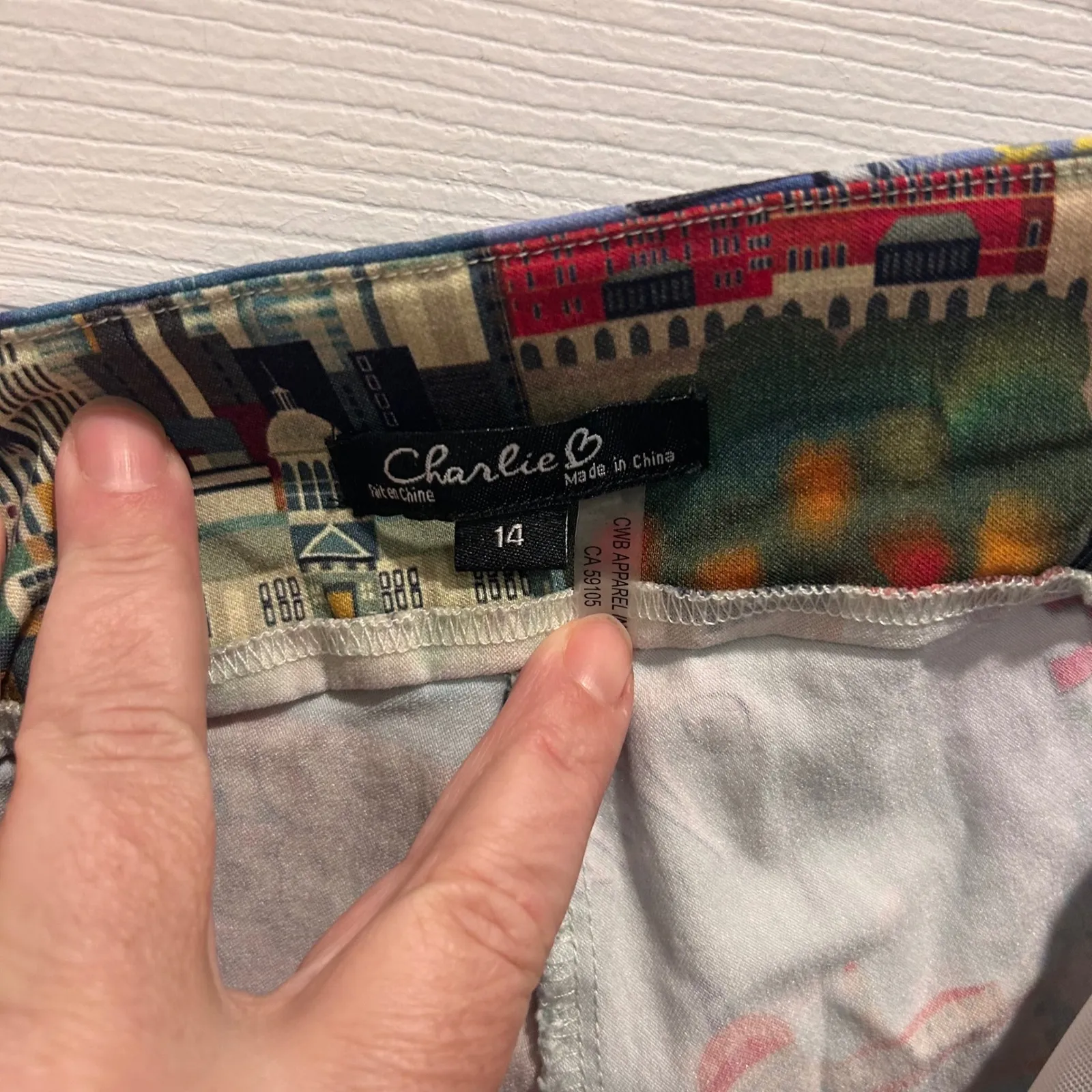 Charlie B Women's Travel Collage Print Pants 14 Mid Rise Pull On Elastic Waist Blue - Image 8