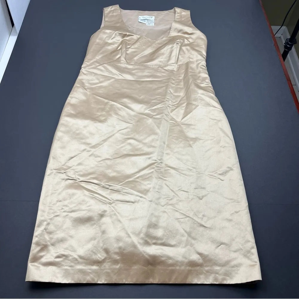 MaxMara Max Mara Gold Sheath Dress SZ 10 Cotton Silk Blend Sleeveless Scoop Neck - Image 7