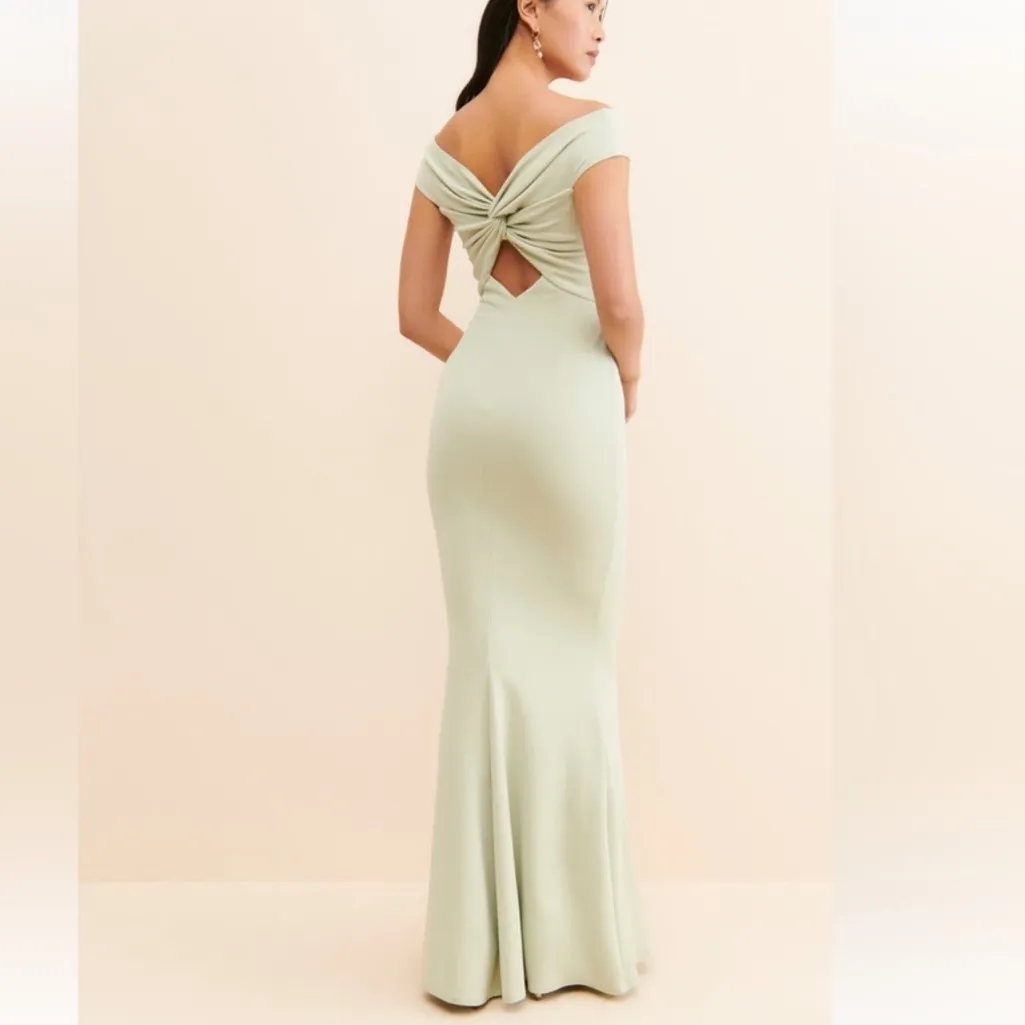 Katie May Women’s Liu Off Shoulder Light Green Twist Front Formal Maxi Dress S - Image 6