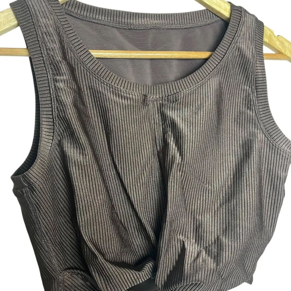 Aerie Offline‎ Women's XL Brown Ribbed Shine Twist Front Cropped Tank Athleisure - Image 2