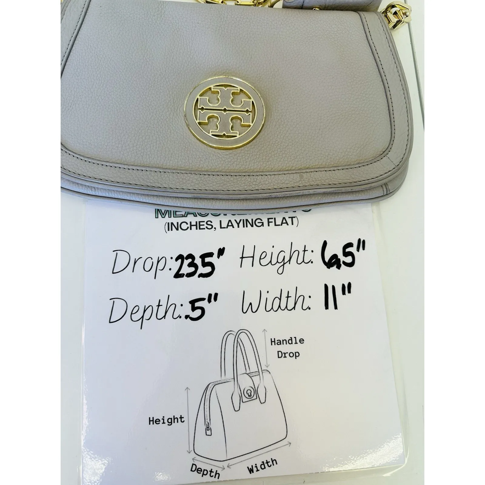 Tory Burch Amanda Logo Gray Crossbody Clutch Gold Chain Flap Magnetic‎ Closure - Image 11