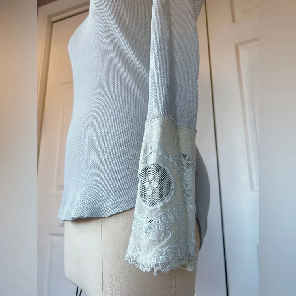 Free People Lovely Lady Lace Cuff Embroidered Thermal Long Sleeve Top in Sage - Image 2