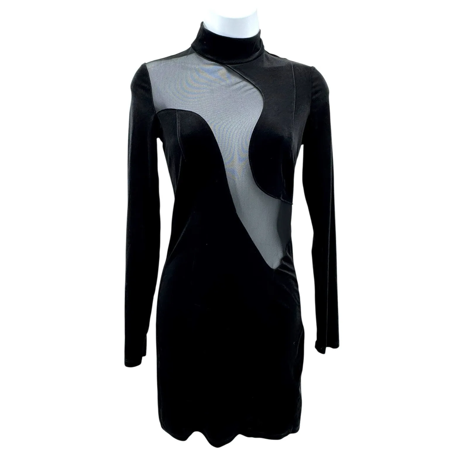 Bershka‎ Black Mesh Cutout Velvet Bodycon Mini Dress Long Sleeve Size S - Image 2