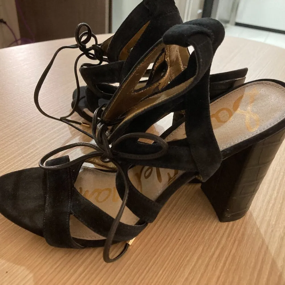 Sam Edelman Black Strappy Sandals 8.5 Block High Heels GUC Cutouts Boho Lace Up - Image 2