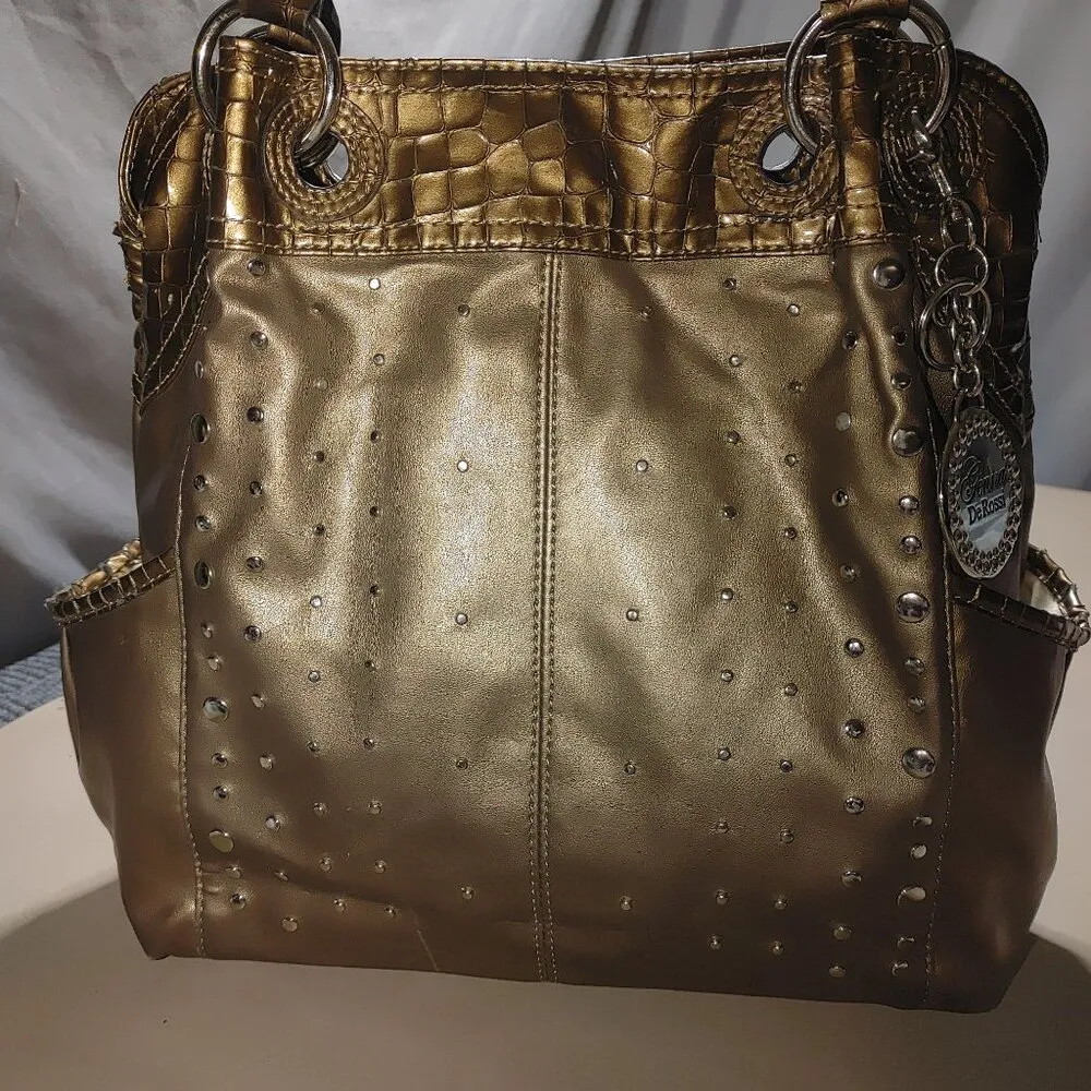 Gemma DeRossi Gold Metallic Studded Faux Leather Tote Bag Croc Emboss Trim Charm - Image 5