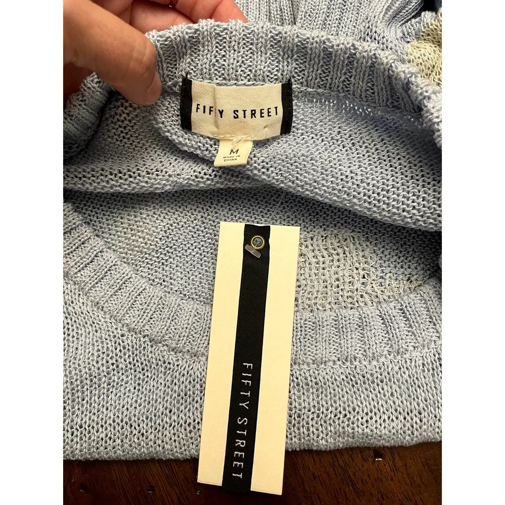 Fifty Street Floral Sheer Sweater Lightweight Blue Long Sleeve Women Size Medium - Image 3