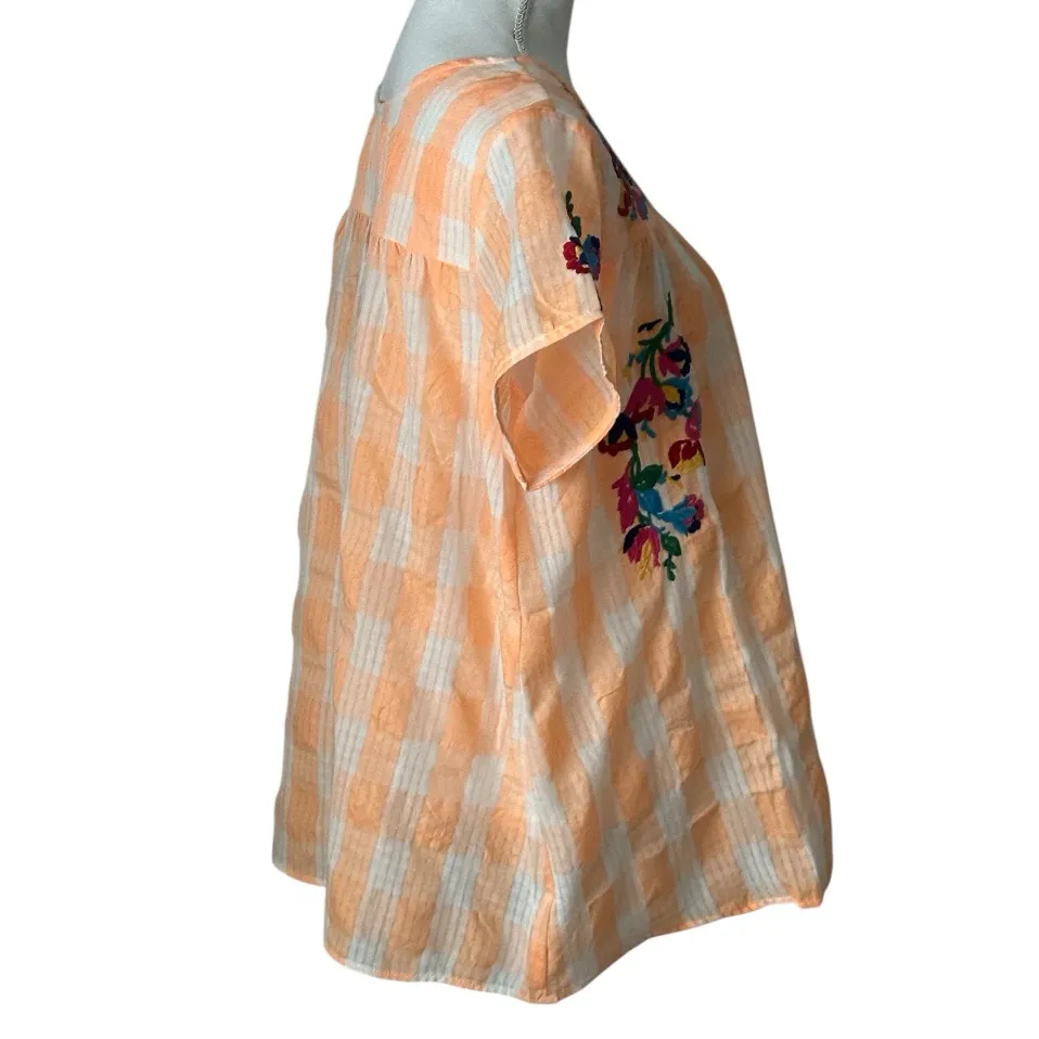 See and Be Seen Colorful Embroidered Orange Gingham Mexican Oaxaca Blouse NWT - Image 5