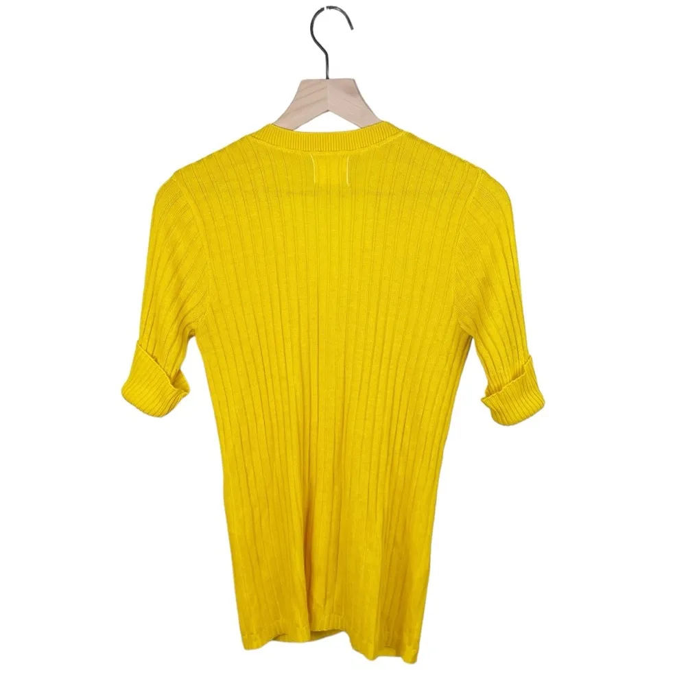Vintage 70s 80s Women's Sears Bright Yellow Acrylic Ribbed Knit Cardigan Sweater - Image 4