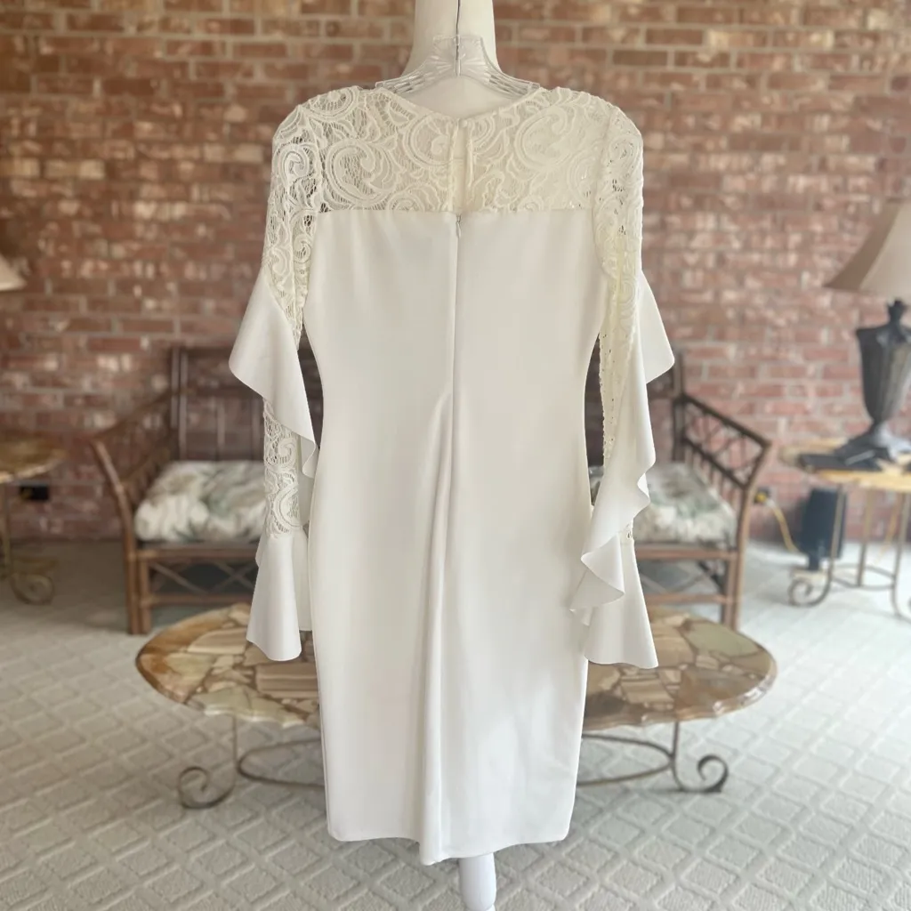 Betsy & Adam Dress Ivory Lace Embroidered Long Tulip Sleeve Knit Cocktail 4 - Image 11