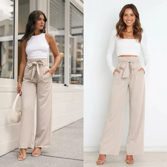 PETAL & PUP Kieran High Rise Wide Leg Pleated Belted Pants in Beige Size 4 NWT - Image 2