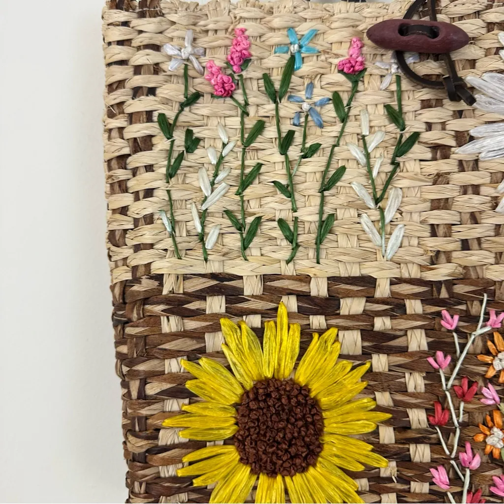 August Floral Embroidered Straw Tote Bag Brown - Image 3