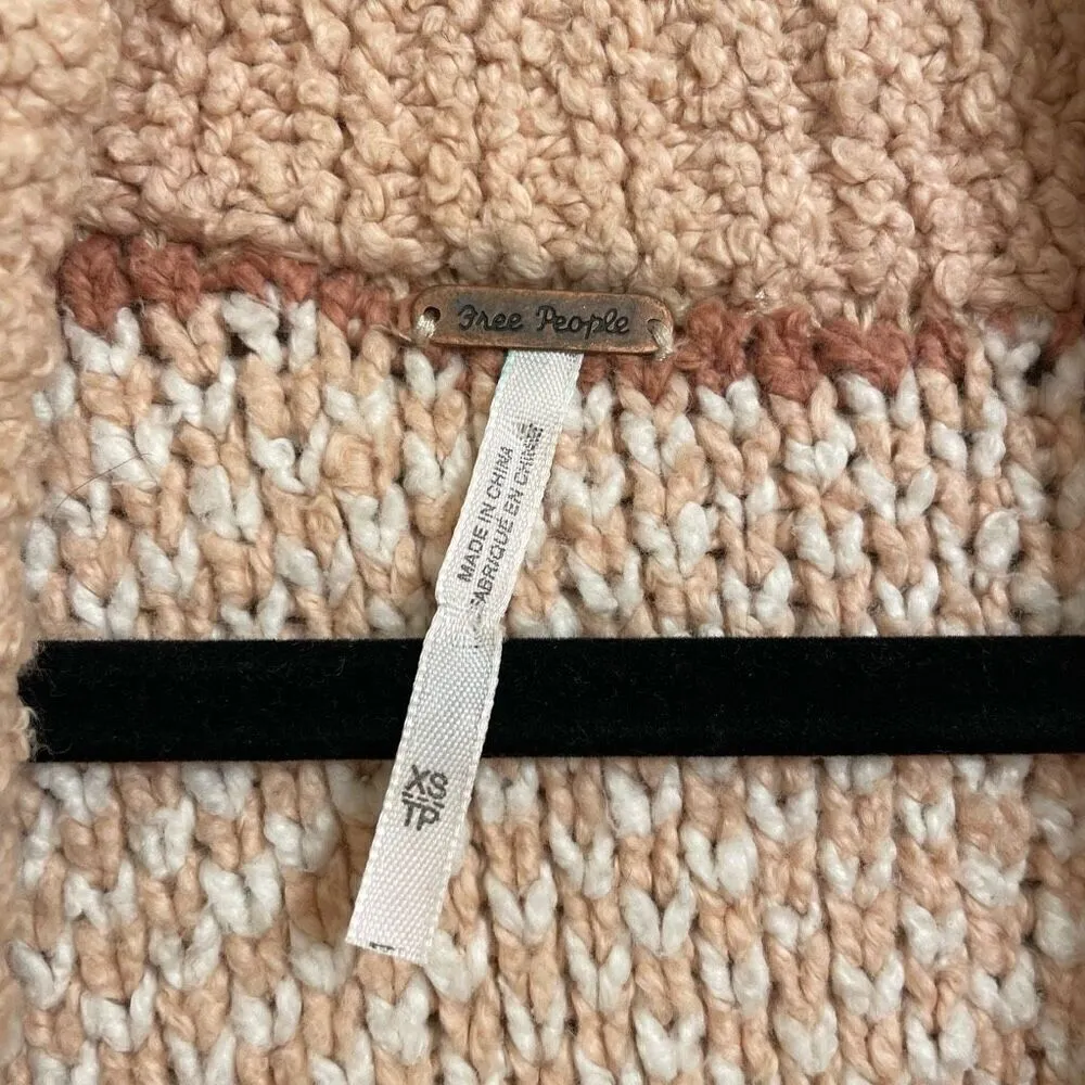 Free People Cozy Cabin Chunky Knit Boho Ivory Peach Cardigan Sweater Oversized X - Image 3