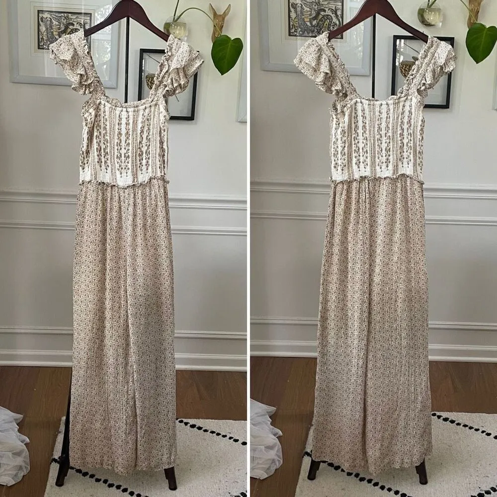 Sim & Sam  Smocked Top Jumpsuit Natural Ivory Calico S - Image 2