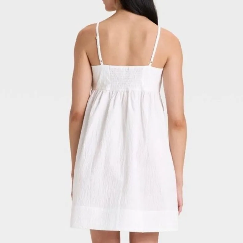 A New Day White Textured Babydoll Dress Smocked Top Mini Size M - Image 6