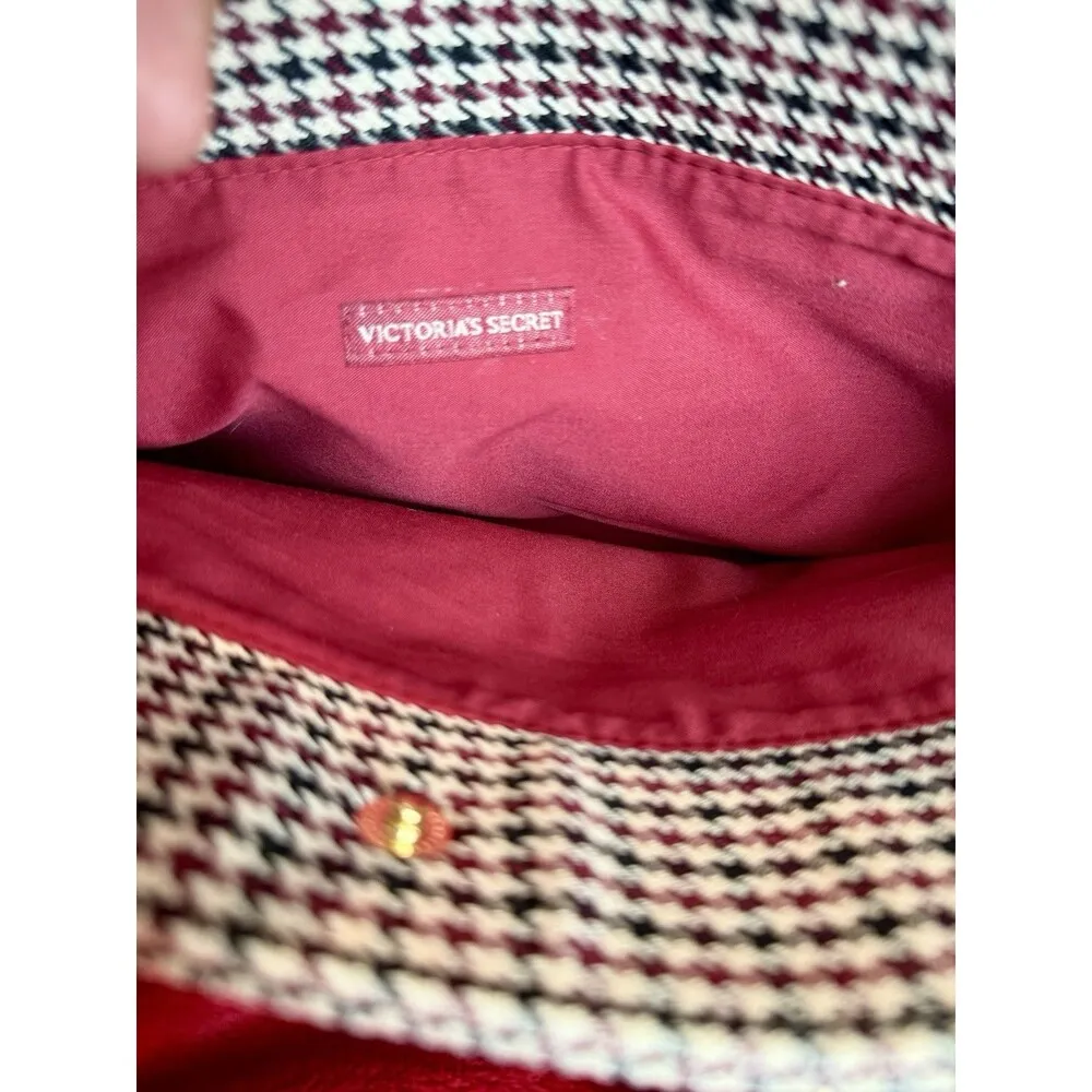 Victorias Secret Handbag Ivory Houndstooth Fabric Button Small Top Handle Brown - Image 5