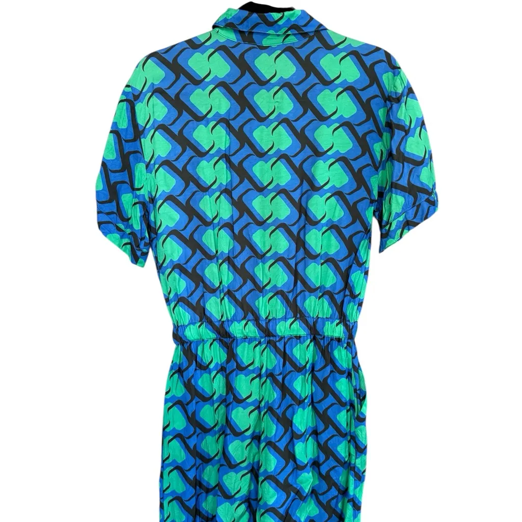 adL Blue, Green, Black Patterned Jumpsuit Romper with Cinched Waist and Collar. Blue - Image 8
