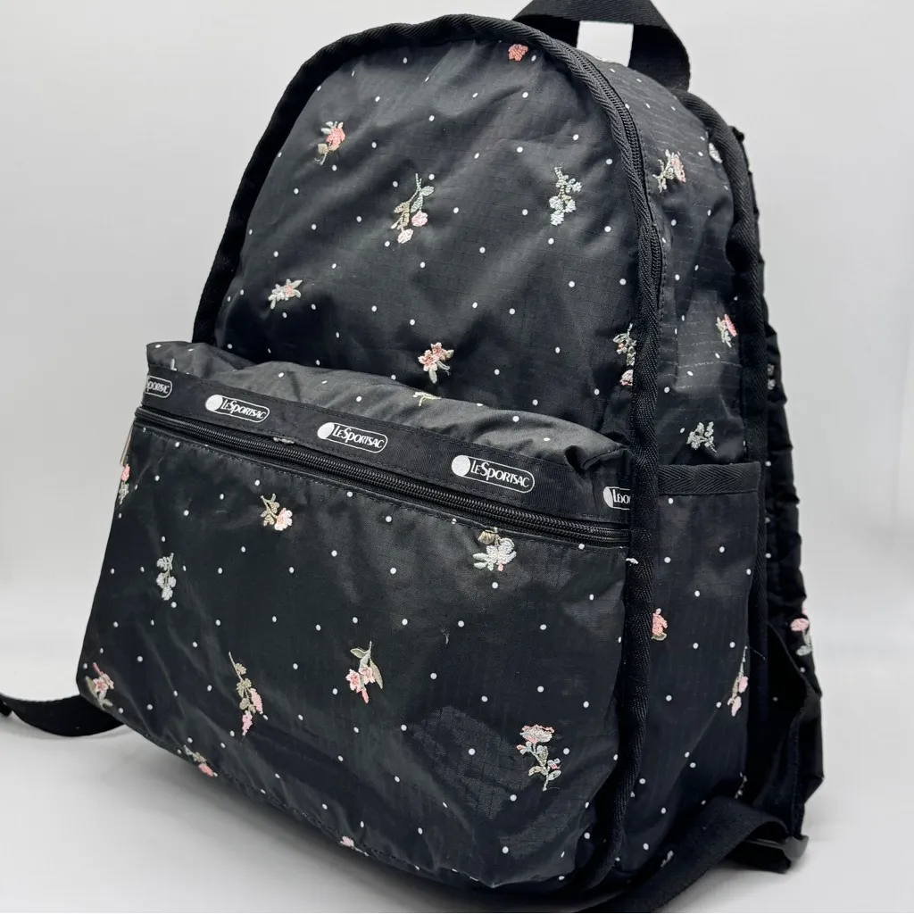 LeSportsac Black Floral Polka Dot Backpack Lightweight Zip Front Casual Bag New - Image 2